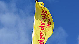 Det gule flag fra Dansk Naturvidenskabsfestival vejrer på en blå himmel